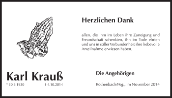 Traueranzeige von Karl Krauss von Pegnitz-Zeitung
